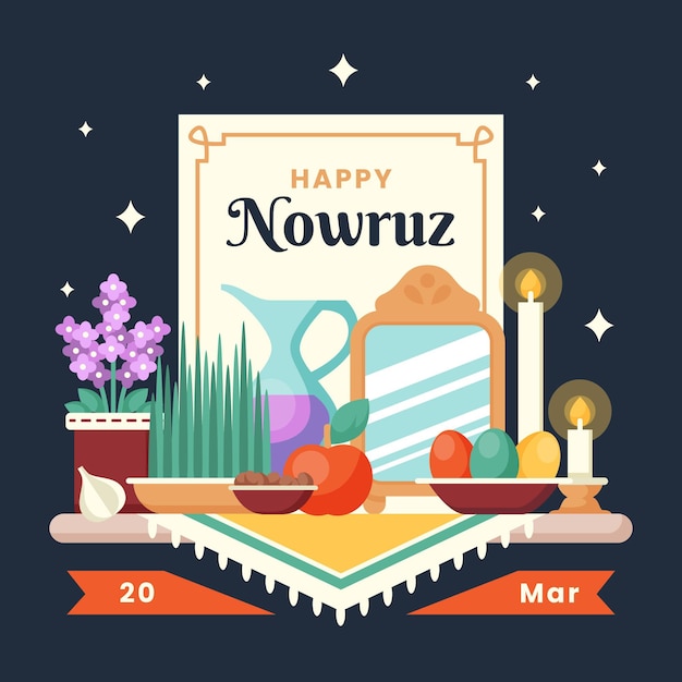 Feliz ilustración de nowruz con brotes y espejo