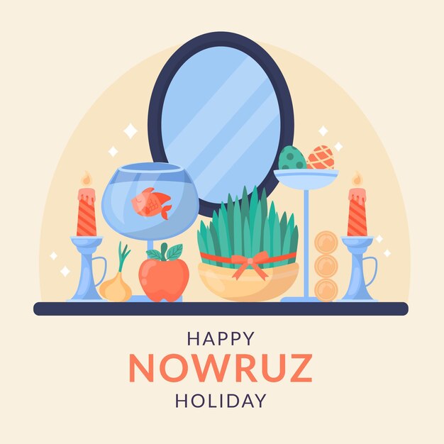 Feliz ilustración de nowruz con brotes y espejo