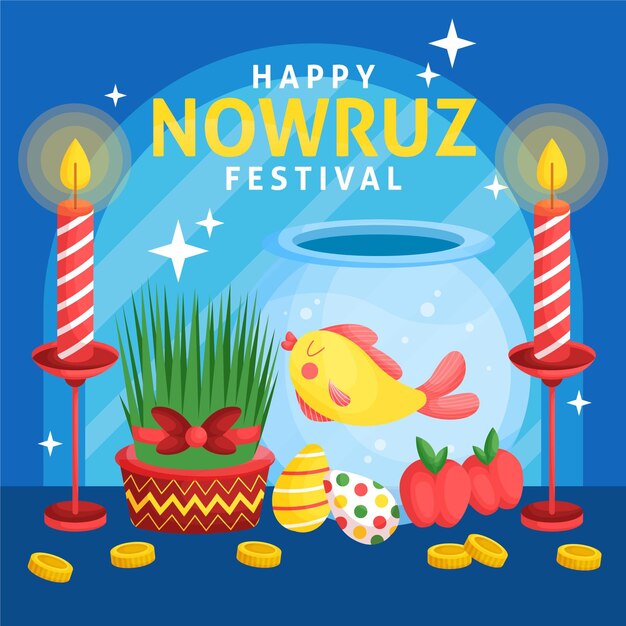 Feliz ilustración de nowruz con brotes y pecera