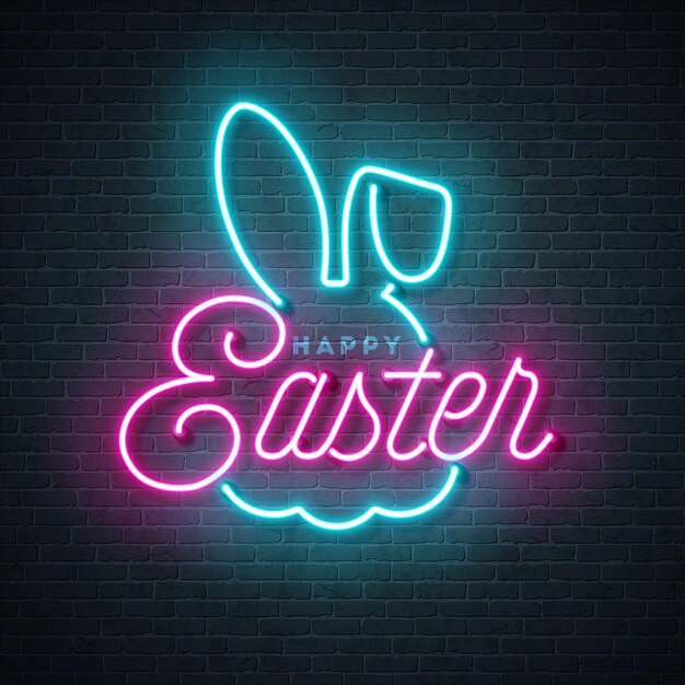 Feliz ilustración de Pascua con forma de conejo de luz de neón brillante y letras en la pared de ladrillo