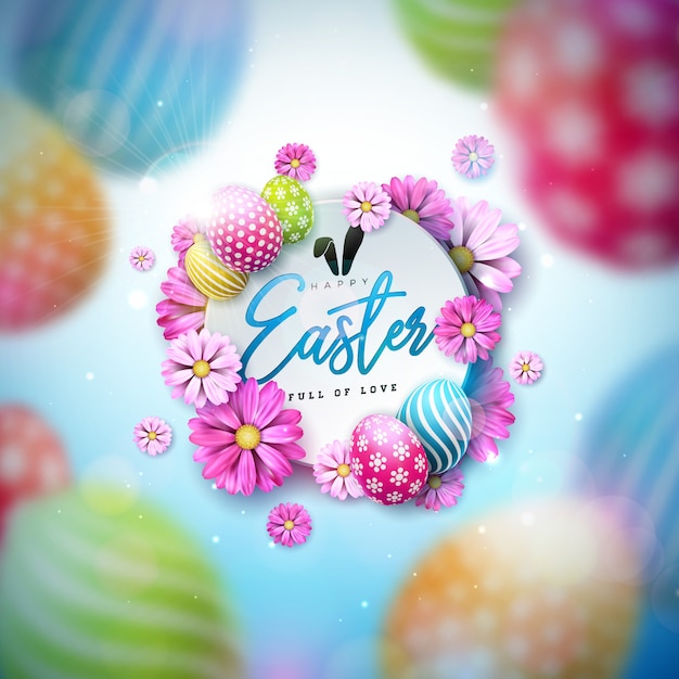 Feliz ilustración de Pascua con huevo pintado colorido y flor de primavera