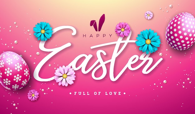 Vector gratuito feliz ilustración de pascua con huevos pintados de colores y flores de primavera sobre fondo rosa