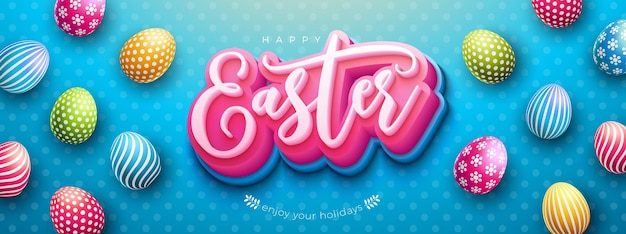 Feliz ilustración de Pascua con huevos pintados de colores y letras de tipografía 3d sobre fondo azul