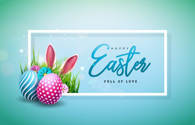 Feliz ilustración de Pascua con huevos pintados de colores y orejas de conejo