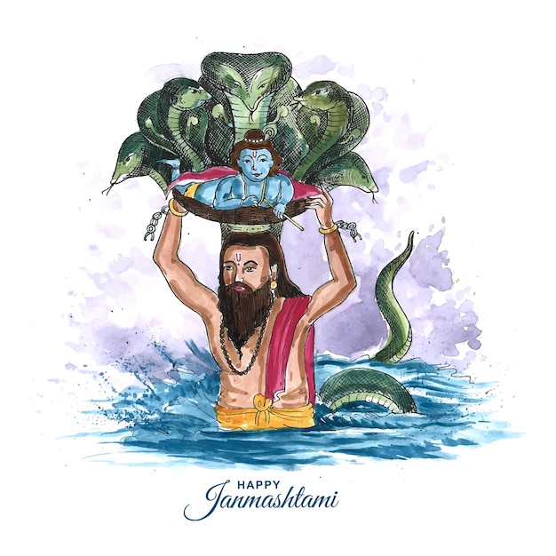 Vector gratuito feliz janmashtami lord krishna en el fondo de la tarjeta del festival janmashtami