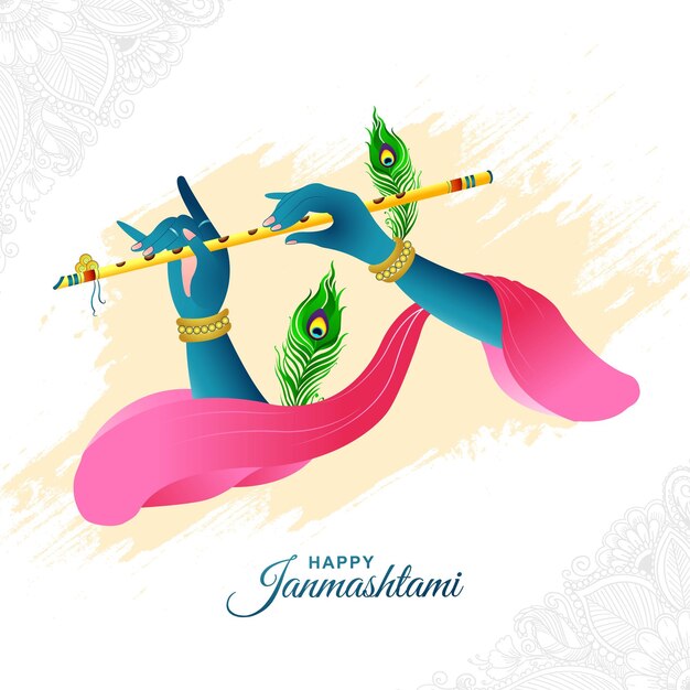 Feliz Janmashtami con la mano de lord Krishna tocando el fondo de la tarjeta bansuri