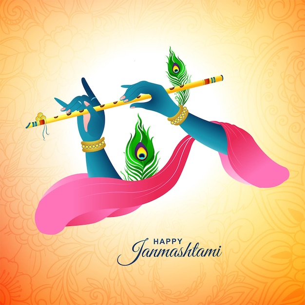 Vector gratuito feliz janmashtami con la mano de lord krishna tocando el fondo de la tarjeta bansuri