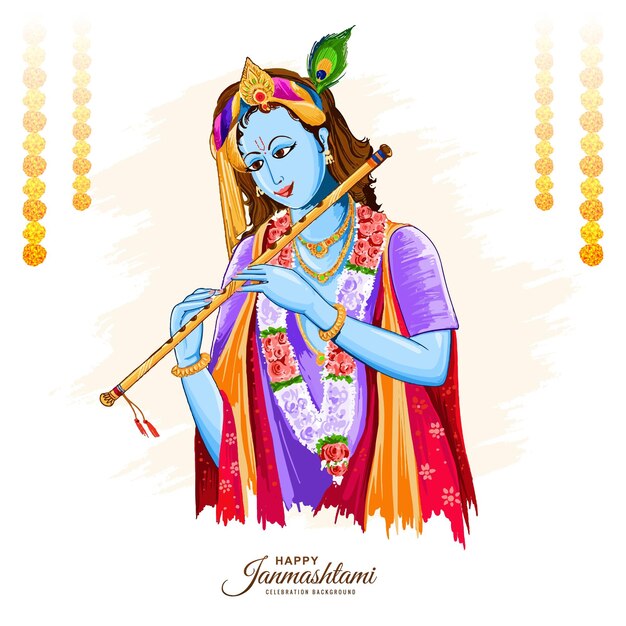 Feliz Janmashtami con el señor Krishna jugando a las cartas de bansuri en el fondo