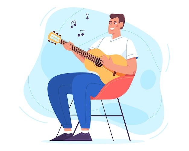Feliz joven sentado en un sillón y tocando la guitarra. Hobby y fin de semana relajante en casa ilustración vectorial de estilo plano. Lecciones de acústica. Chico alegre con instrumento de músico y cantando canciones.