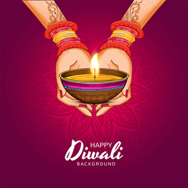 Feliz lámpara de aceite de Diwali para las mujeres con el fondo de diya en la mano