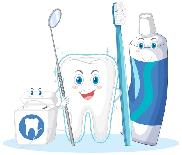 Feliz limpiando un diente grande con un cepillo y hilo dental