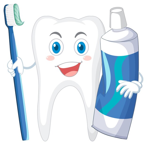 Feliz limpiando un diente grande con un cepillo y hilo dental