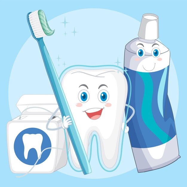 Feliz limpiando un diente grande con un cepillo y hilo dental