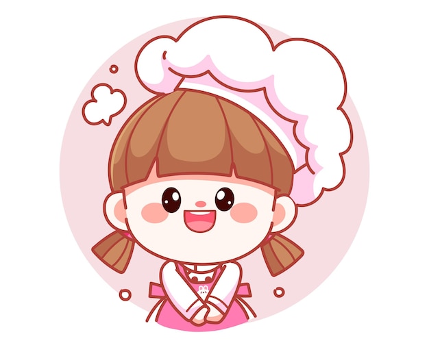 Feliz linda chica chef sonriendo banner logo dibujos animados arte ilustración