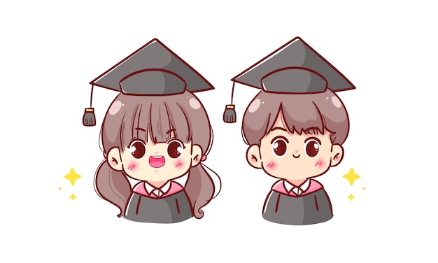 Feliz lindo niño niña kawaii niños en bata de graduación y gorra en la ceremonia de graduación ilustración de personaje de dibujos animados dibujados a mano