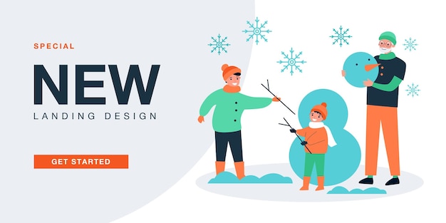 Feliz madre, abuelo e hijo haciendo muñecos de nieve al aire libre. Gente jugando juntos en la ilustración de vector plano de paisaje de invierno. Concepto divertido de tiempo familiar para banner, diseño de sitio web o página web de destino