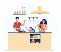 Vector gratuito feliz madre, padre e hija cocinando juntos aislados ilustración plana.