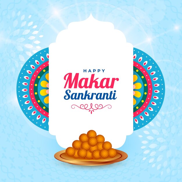 Feliz Makar Sankranti en el fondo con un delicioso diseño de laddoo