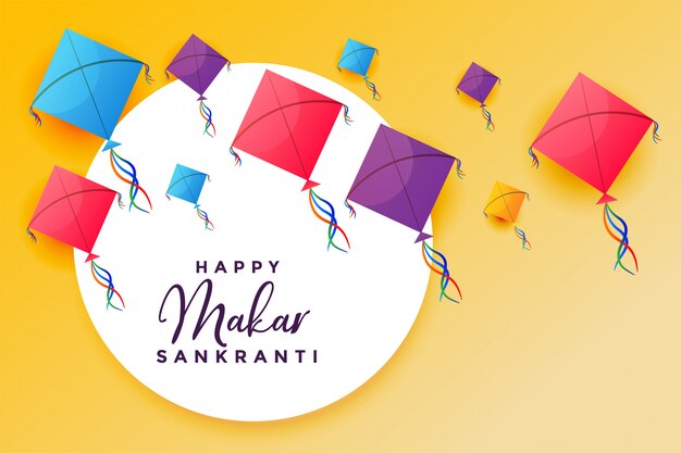 Feliz makar sankranti con fondo de festival de cometas volando