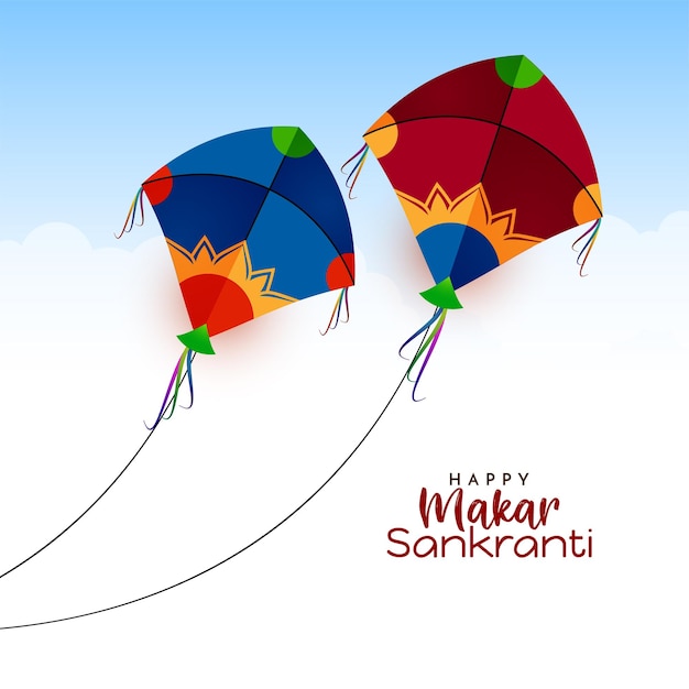 Feliz Makar Sankranti tarjeta del festival indio con cometas volando en el cielo