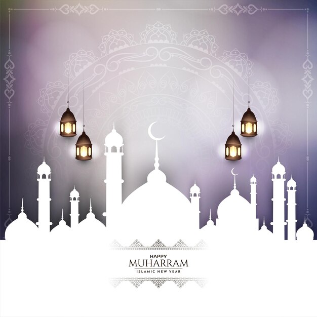 Feliz Muharram y tarjeta de felicitación de año nuevo islámico con mezquita