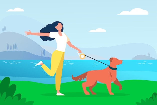 Vector gratuito feliz mujer activa paseando a un perro con correa al aire libre.