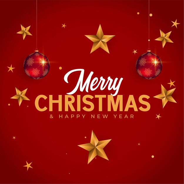 Feliz navidad y año nuevo tarjeta de felicitación con estrellas y adorno navideño