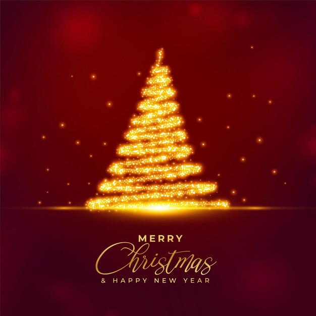 Feliz navidad árbol de brillo sobre fondo rojo.