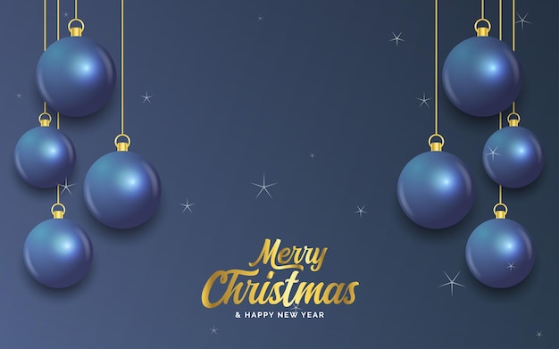 Feliz navidad, azul oscuro, bandera, con, bolas, navidad, tarjeta, vector, ilustración