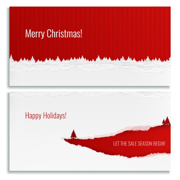 Feliz Navidad banners horizontales en color rojo y blanco con papel rasgado realista aislado