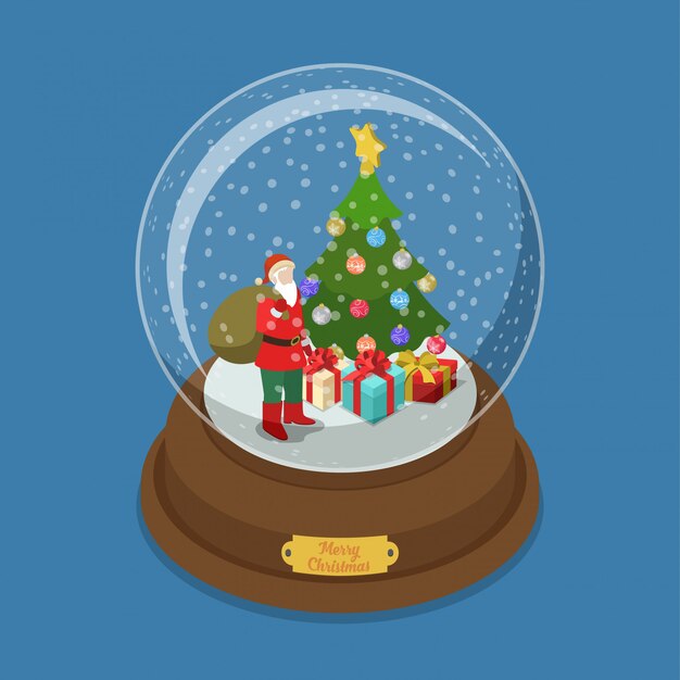 Feliz Navidad Bola de cristal con abeto y Santa Claus isométrica ilustración vectorial.