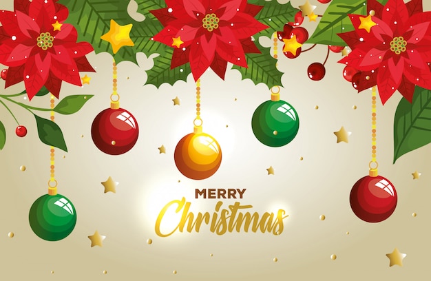 Vector gratuito feliz navidad con bolas colgando y tarjeta de decoración