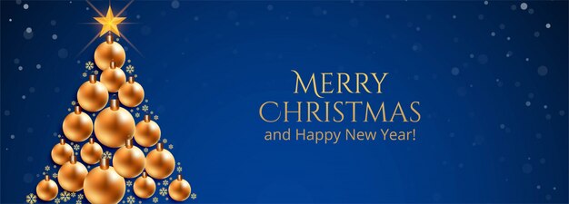 Feliz navidad bolas decorativas árbol banner azul