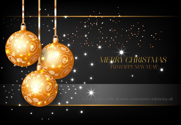 Feliz navidad con bolas decorativas doradas diseño de cartel.
