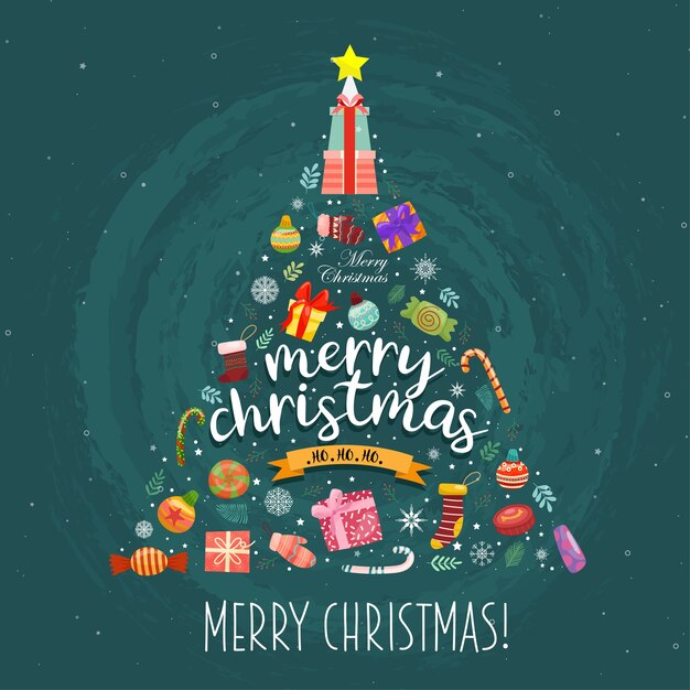 Feliz Navidad con cajas de regalo coloridas adornadas en el árbol de Navidad.