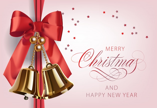 Vector gratuito feliz navidad con campanas de oro.