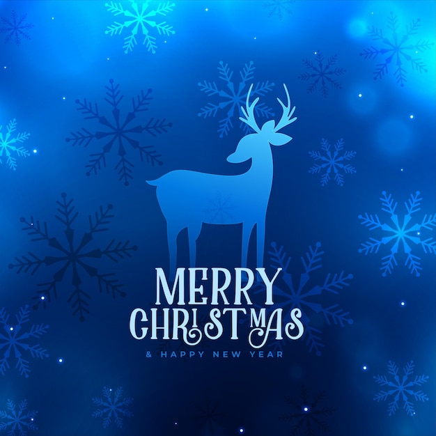 Feliz navidad ciervo azul con fondo de copos de nieve