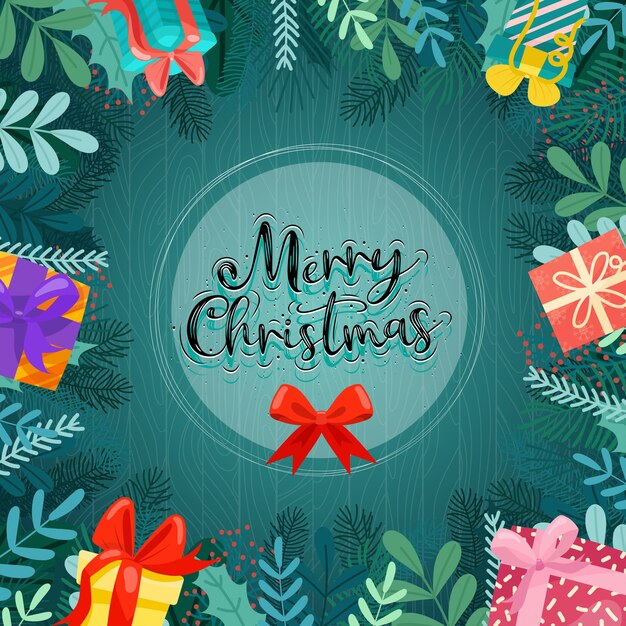 Feliz Navidad con coloridas cajas de regalo decoradas en círculos