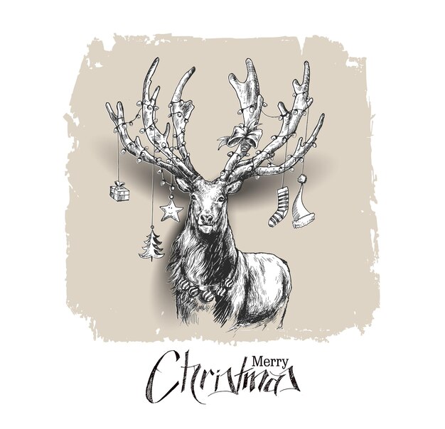 ¡Feliz Navidad! Dibujo incompleto de la mano del estilo de la historieta del reno, ilustración del vector