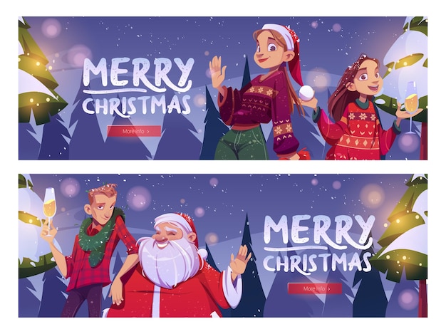 Feliz navidad dibujos animados banner santa claus y hombre chicas con copa de champán se colocan en el fondo del bosque de invierno con nevadas navidad y feliz año nuevo celebración de fiestas corporativas encabezado web