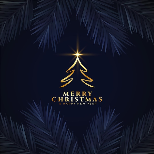 Feliz Navidad dorada con diseño de árbol de Navidad en la ilustración de vector de fondo oscuro
