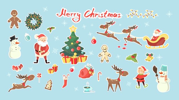 Feliz Navidad establece Santa Claus con ciervos muñecos de nieve y regalos y decoraciones de pan de jengibre