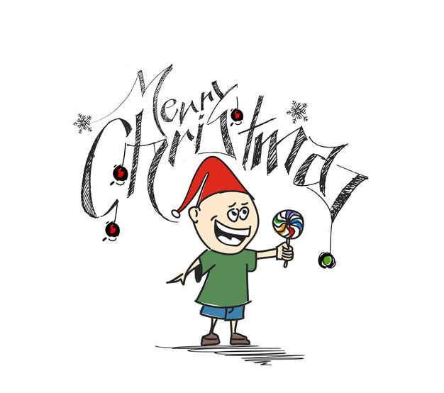 ¡Feliz Navidad! Estilo de dibujos animados Little Cute Baby Holding Candy, ilustración vectorial