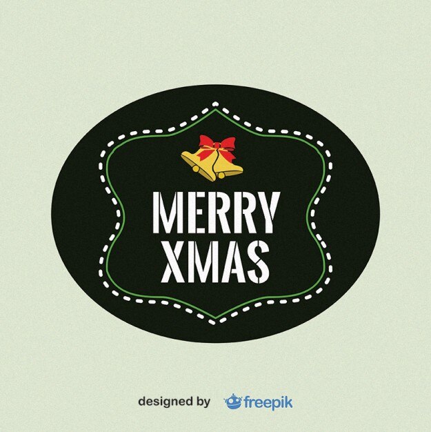 Feliz Navidad etiqueta con campanas en la parte superior
