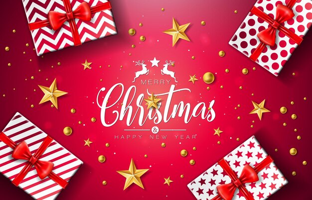 Feliz navidad y feliz año nuevo ilustración con caja de regalo estrella de bola de cristal dorada y tipografía