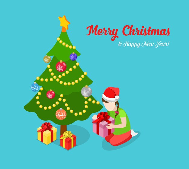 Feliz Navidad Feliz año nuevo isometría plana concepto isométrico infografía web folleto volante tarjeta plantilla de postal Abeto abeto niña desempaquetar regalo Colección de vacaciones de invierno creativo