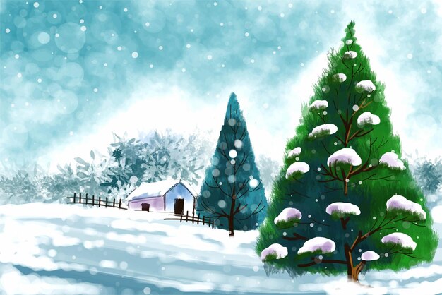 Feliz navidad y feliz año nuevo paisaje árbol tarjeta vacaciones fondo