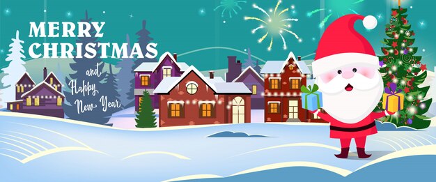 Feliz navidad y feliz año nuevo texto con santa claus
