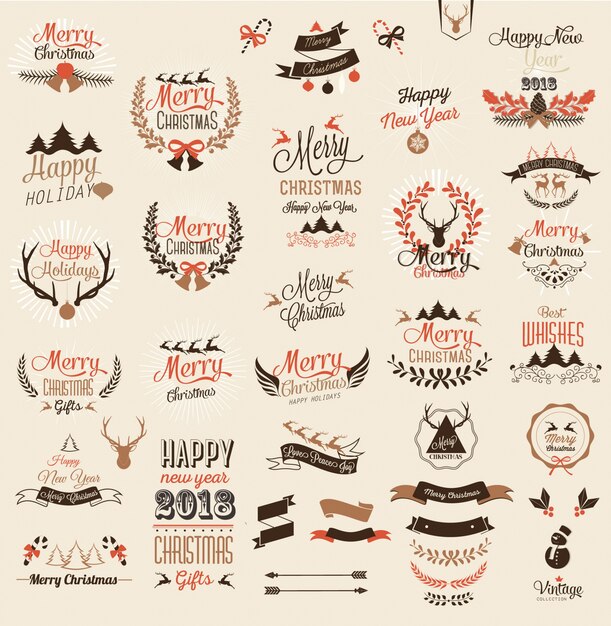 Feliz Navidad y feliz año nuevo tipografía diseño y etiquetas