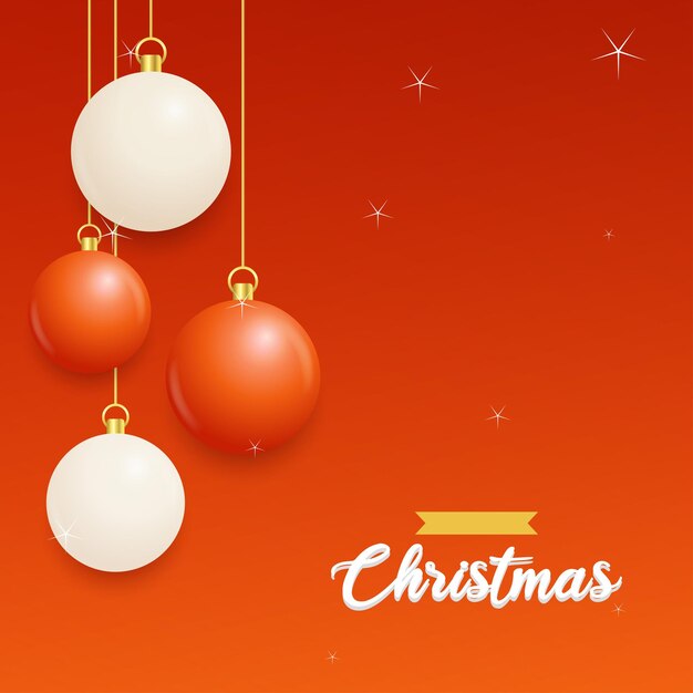 Feliz Navidad Fondo rojo con bolas colgantes blancas y rojas Carteles de Navidad horizontales Tarjetas de felicitación Ilustración vectorial
